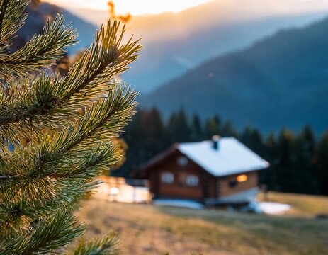 gros plan sur un sapin avec en second plan un chalet dans la foret de montagne