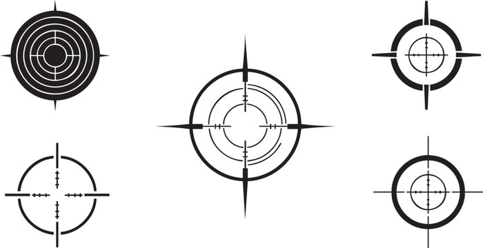 Precision crosshair target icons set, black and white reticle symbols for aiming, hud, and game design