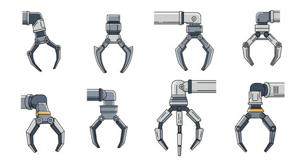 Collection of different industrial robotic arm grippers and mechanical claws used in automation, manufacturing, and technology research labs.