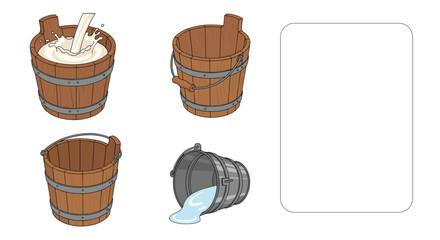 Group of traditional wooden buckets filled with splashing milk, water, and one tipped over for rural, farm, or historic life concepts.