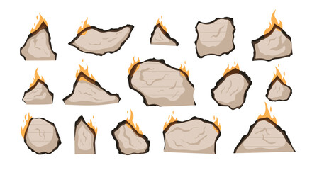 Assorted pieces of old burnt paper with smoldering edges and small flames for creative design, mystery themes, or historical concepts.