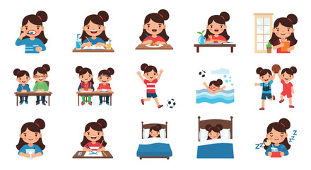 Cute little girl performing various daily activities such as brushing teeth, eating, studying, playing soccer, and sleeping for child development.