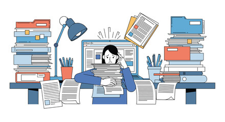 Stressed office worker sitting at a desk overwhelmed by mountains of paperwork and digital tasks representing workplace burnout and pressure.