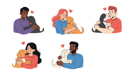 Diverse group of people showing love and affection to their pet dogs through warm hugs and cuddles representing the bond with animals.