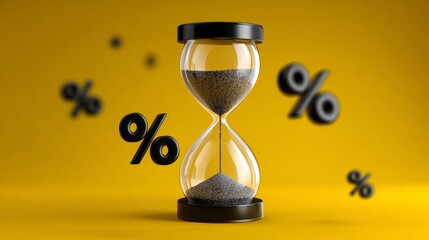 A glass hourglass with a black sand timer and a black and white symbol of a percentage. Concept of time passing and the concept of a percentage. Scene is somewhat serious and contemplative