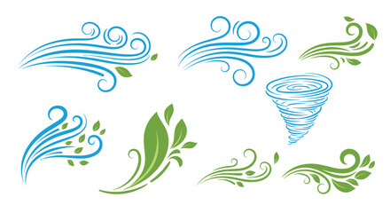 Stylized illustrations of wind gusts, falling leaves, and a spinning tornado representing different weather patterns and seasonal changes in nature.