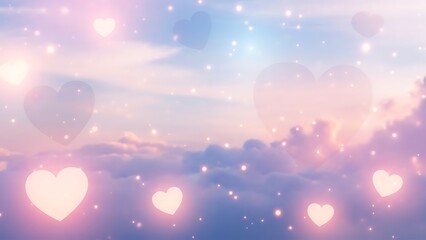 Hearts in the sky with sparkling lights and clouds