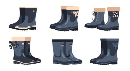 Selection of stylish and functional winter boots and rain boots with fur lining, bows, and laces for seasonal weather protection.