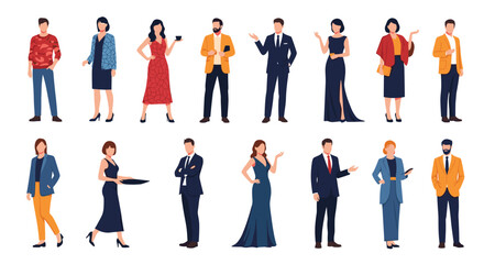 Large group of men and women wearing various business, formal, and smart casual outfits for professional and social event visualization.
