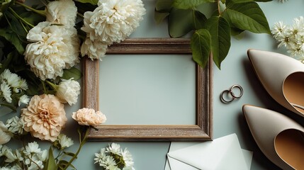Elegant Wedding Mockup with Blank White Vertical Frame Bridal High Heel Shoes Pink Flowers and Invitation Envelope on Turquoise Background