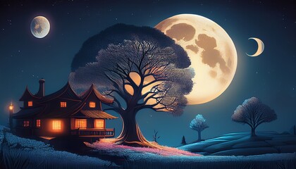 a house is in the background of a picture of a tree and a full moon