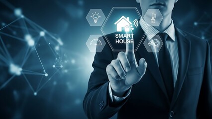 Businessman interacting with smart home technology interface