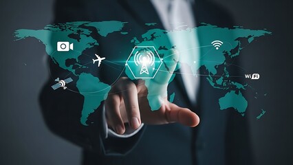 Businessman interacting with global network technology interface
