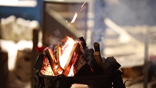 Burning firewood in metal brazier on snowy winter evening