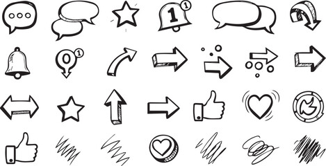 Set of Hand-Drawn Social Media Icons featuring Sketchy Speech Bubbles, Notification Bells, Thumbs Up Likes and Decorative Directional Arrows