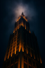 A majestic tall building stands illuminated with warm orange lights against a dark night sky with a misty, glowing top.