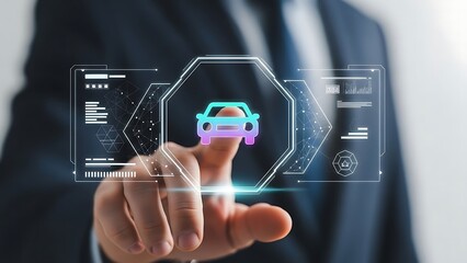 Businessman interacting with futuristic car interface technology