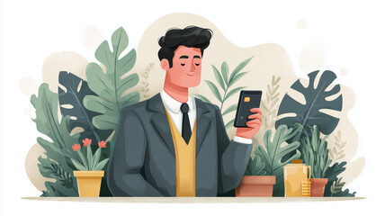 Professional businessman engages with digital wallet in a modern green setting