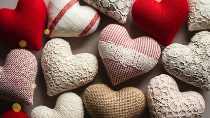 Collection of handmade heart shaped pillows in various textures and colors