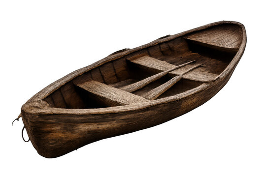 Vintage wooden rowboat with oars, featuring an old dinghy design, isolated on transparent background
