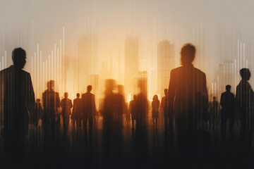 Business silhouettes against a glowing city skyline at sunset