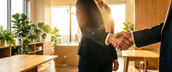 Two elegant business professionals shake hands, sealing a deal in a bright, modern office with natural light.