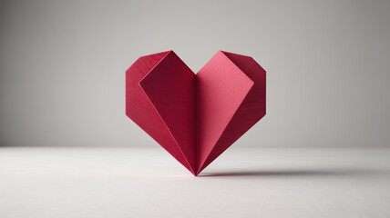 High-end commercial photography of an intricately folded 3D geometric paper heart, crimson texture, minimalist white studio background, copy space, softbox lighting, ultra-high-resolution. 