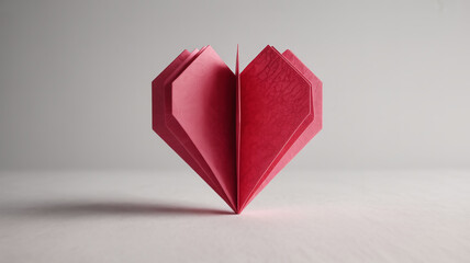 High-end commercial photography of an intricately folded 3D geometric paper heart, crimson texture, minimalist white studio background, copy space, softbox lighting, ultra-high-resolution. 