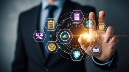 Businessman interacting with futuristic technology interface for business solutions