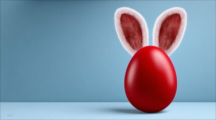 A red egg with a pink bunny ear on it. The egg is sitting on a blue background