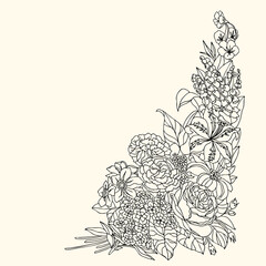 Floral Border. Corner decoration with Flowers, Branches and Leaves in Line Art Style. Vector illustration for Card, Banner, Invitation, Advertising and Packaging