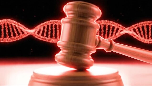 A gavel and a glowing dna strand represent forensic science and genetic evidence