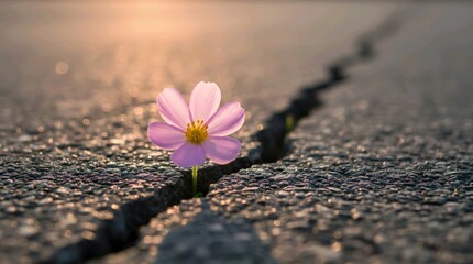Pink Flower Growing Through Crack in Asphalt Road at Sunset, Concept of Resilience and Hope