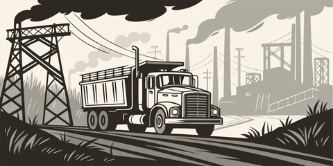 Heavy Truck in Industrial Zone with Smoky Factories