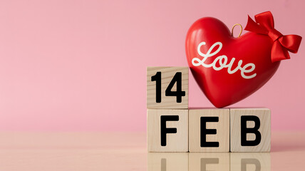 Romantic Valentine flat lay, pink matte backdrop, wooden date blocks FEB 14, red heart decor with love script, soft light, minimal aesthetic, stock photography.