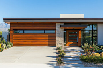 Front view of a one-story house with a flat roof and a garage