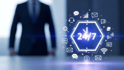 Businessman standing next to 24/7 customer support interface with glowing icons