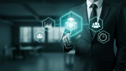 Businessman interacting with futuristic digital interface in modern office