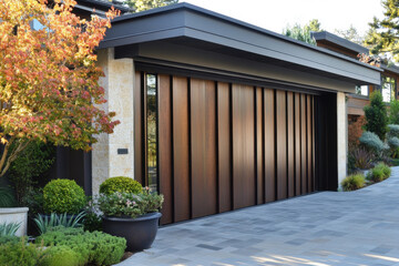 Driveway and garage door of a modern country house