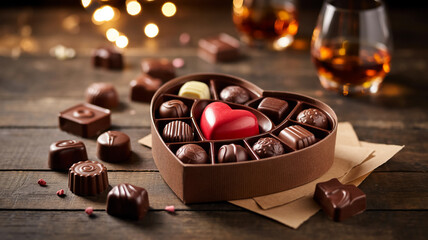 Luxury close-up of heart chocolate gift box with assorted truffles on rustic wooden table, red centerpiece, soft golden bokeh, blurred whiskey glass, romantic mood.