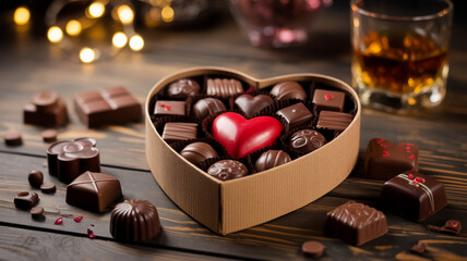 Luxury close-up of heart chocolate gift box with assorted truffles on rustic wooden table, red centerpiece, soft golden bokeh, blurred whiskey glass, romantic mood.