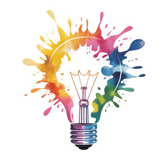 Exploding lightbulb bursts with vibrant watercolor splashes symbolizing brilliant new ideas and creativity