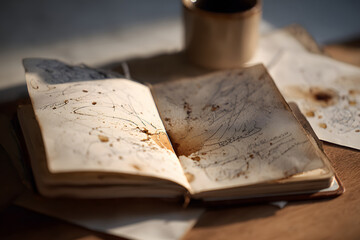 Coffee cup rests beside an open sketchbook with ink and coffee stains on a wooden table