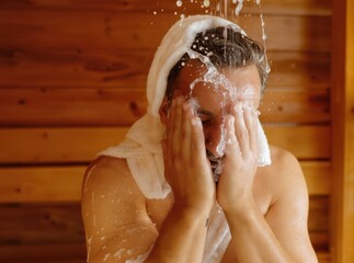 Refreshing Shower Experience in a Warm Wooden Sauna Environment