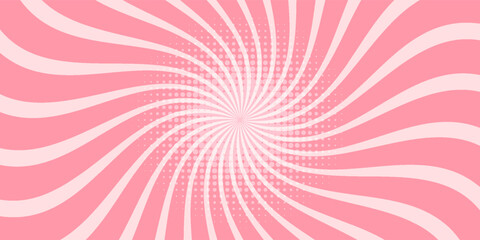 Candy color sunburst background. Abstract pink cream sunbeams design wallpaper. Colorful spinning lines for template, banner, poster, flyer. Sweet rotating cartoon swirl or whirlpool. Vector backdrop