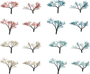 Colorful trees with different colored leaves on transparent background for design