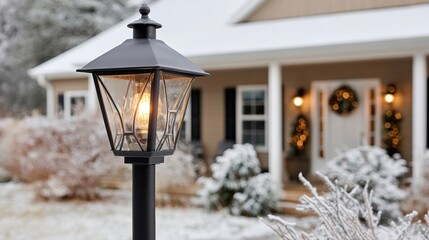 A black lamp post with a light on it is outside in the snow. The house is white and has a porch. Scene is cozy and warm, despite the cold weather