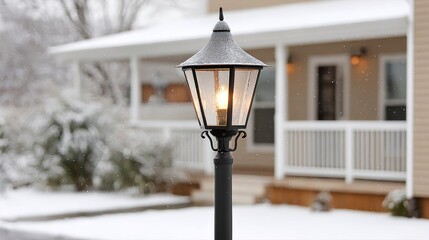 A street light is lit up in the snow, casting a warm glow on the surrounding area. The snow is falling gently, creating a peaceful and serene atmosphere. The light is on, illuminating the snow