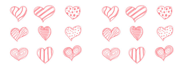 Hand Drawn Pink Chalk Hearts with Dots and Stripes Pattern Set on White Background