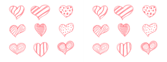 Hand Drawn Pink Chalk Hearts with Dots and Stripes Pattern Set on White Background
